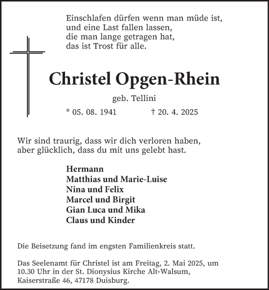 Traueranzeige von Christel Opgen-Rhein von Tageszeitung