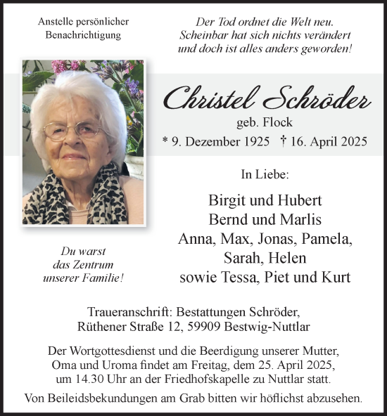 Traueranzeige von Christel Schröder von Tageszeitung