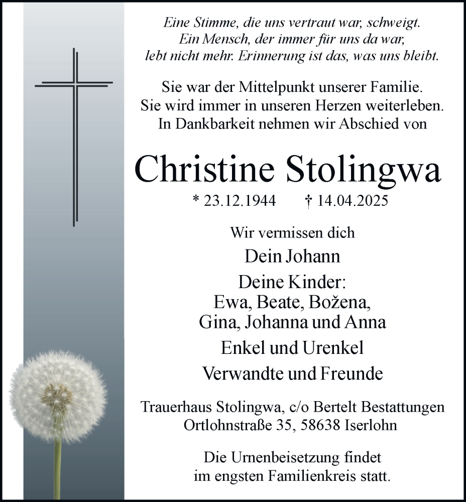  Traueranzeige für Christine Stolingwa vom 26.04.2025 aus Tageszeitung