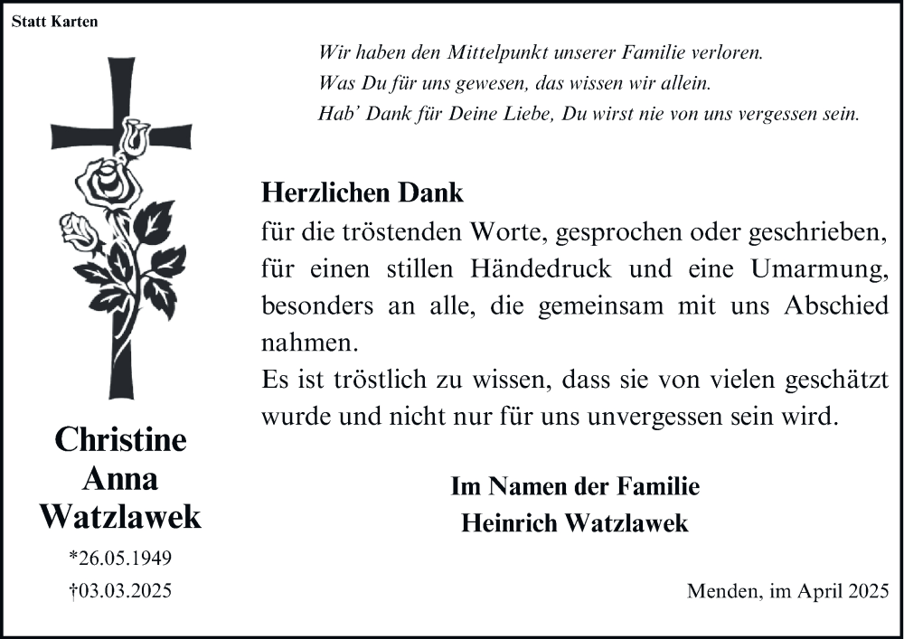  Traueranzeige für Christine AnnaWatzlawek Watzlawek vom 05.04.2025 aus Tageszeitung