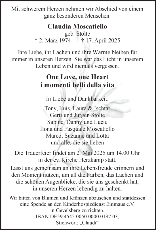 Traueranzeige von Claudia Moscatiello von Tageszeitung