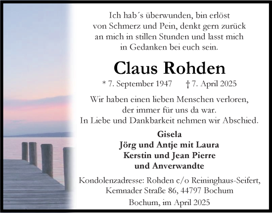 Traueranzeige von Claus Rohden von Tageszeitung