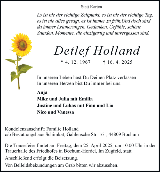 Traueranzeige von Detlef Holland von Tageszeitung