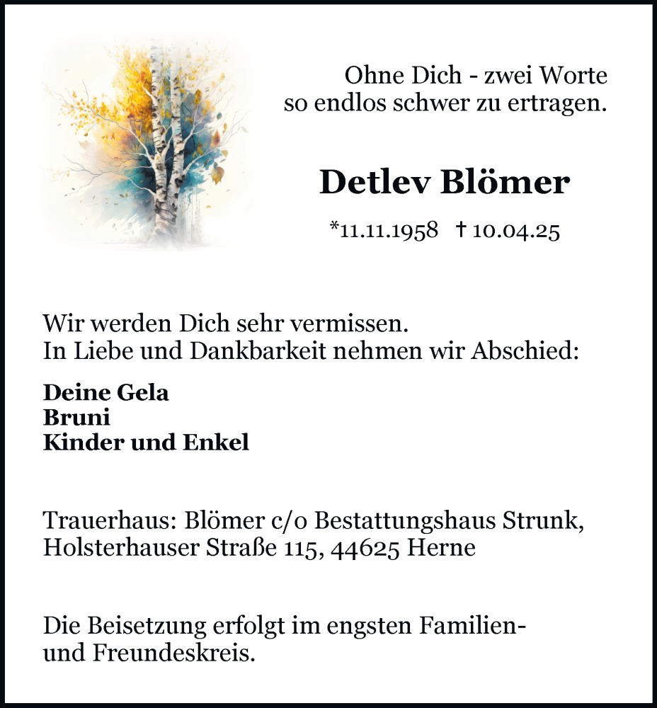  Traueranzeige für Detlev Blömer vom 26.04.2025 aus Tageszeitung