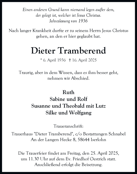 Traueranzeige von Dieter Tramberend von Tageszeitung