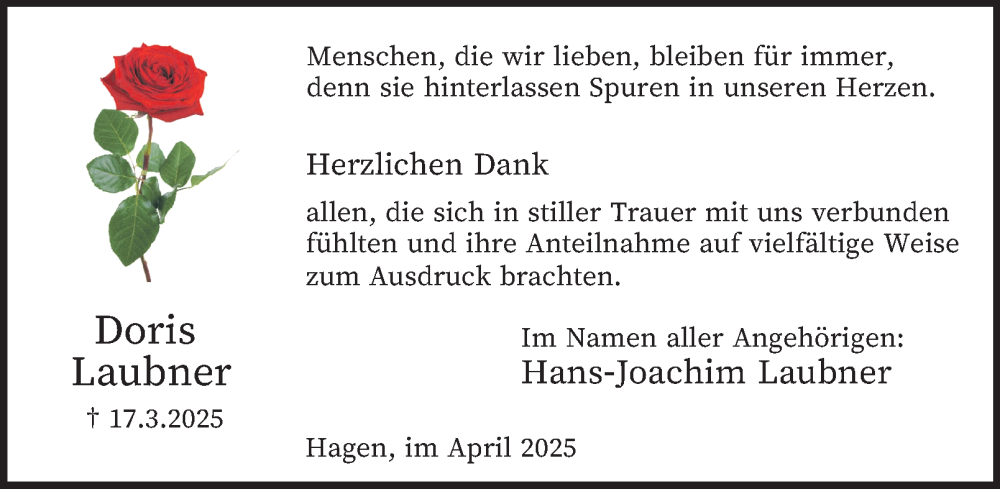  Traueranzeige für Doris Laubner vom 26.04.2025 aus Tageszeitung
