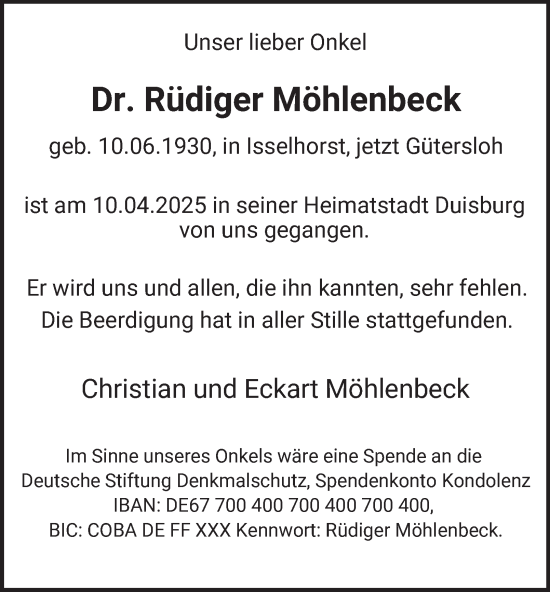 Traueranzeige von Dr. Rüdiger Möhlenbeck von Tageszeitung