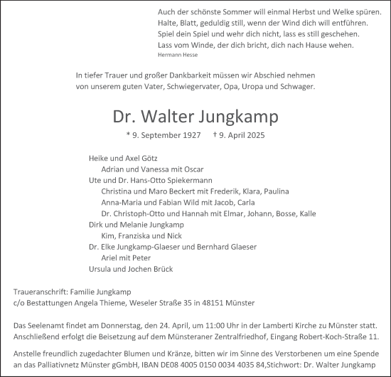 Traueranzeige von Dr. Walter Jungkamp von Tageszeitung