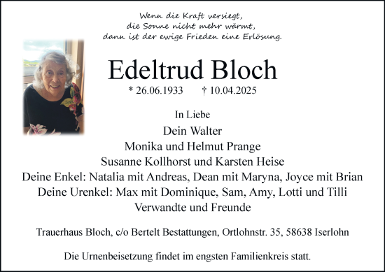 Traueranzeige von Edeltrud Bloch von Tageszeitung