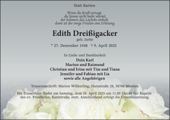 Traueranzeige von Edith Dreißigacker von Tageszeitung