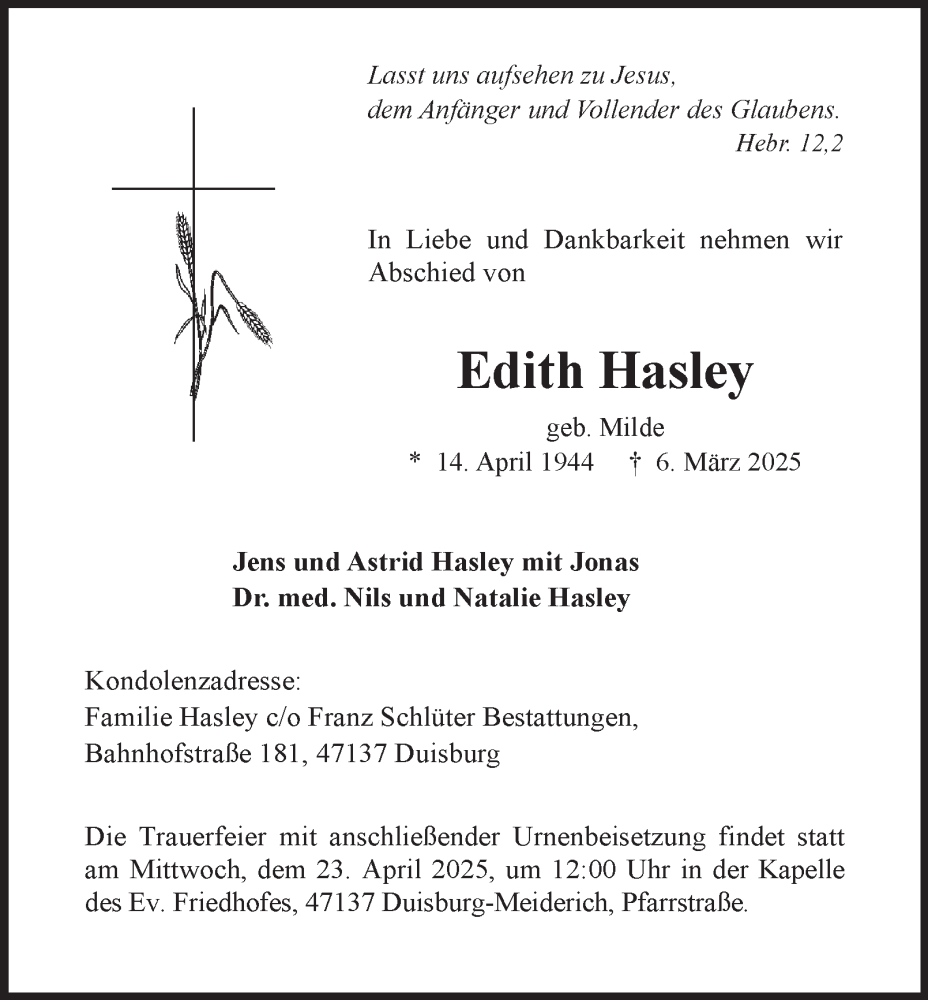  Traueranzeige für Edith Hasley vom 19.04.2025 aus Tageszeitung