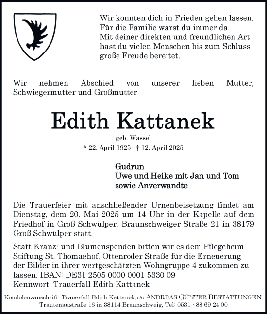 Traueranzeige von Edith Kattanek von Tageszeitung