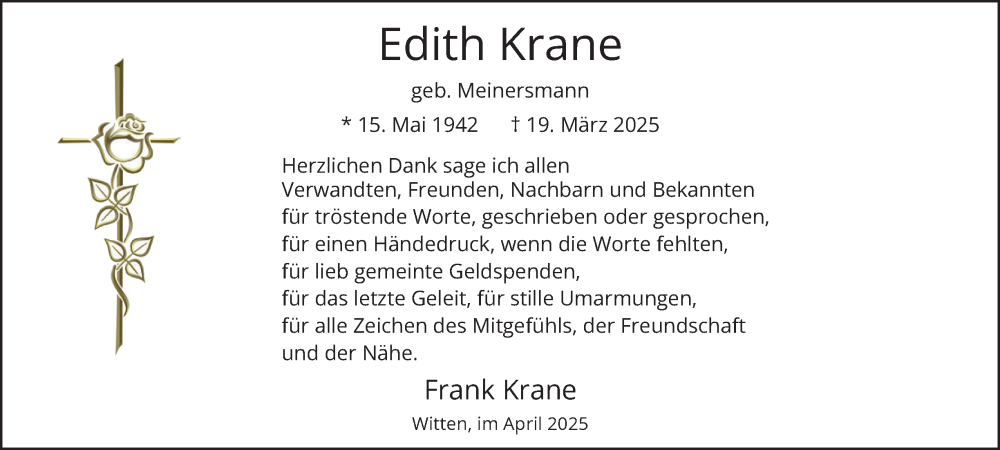  Traueranzeige für Edith Krane vom 26.04.2025 aus Tageszeitung