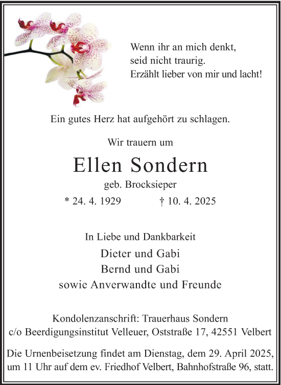 Traueranzeige von Ellen Sondern von Tageszeitung