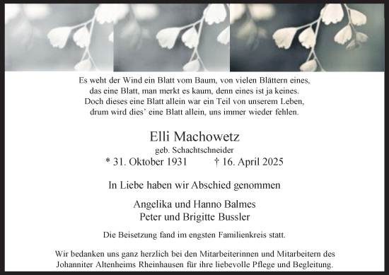 Traueranzeige von Elli Machowetz von Tageszeitung