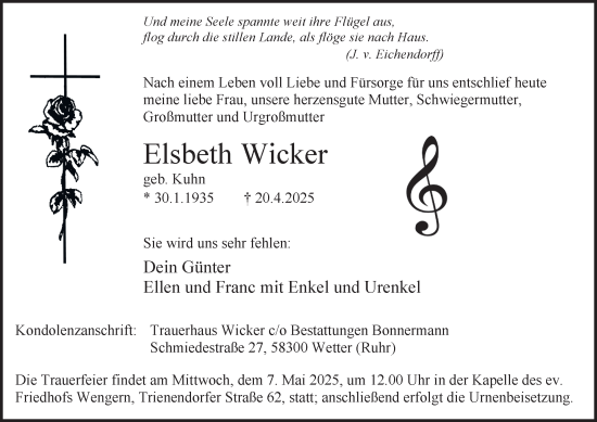 Traueranzeige von Elsbeth Wicker von Tageszeitung