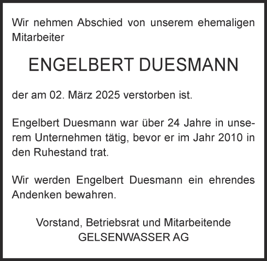 Traueranzeige von Engelbert Duesmann von Tageszeitung