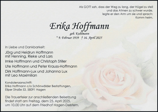 Traueranzeige von Erika Hoffmann von Tageszeitung