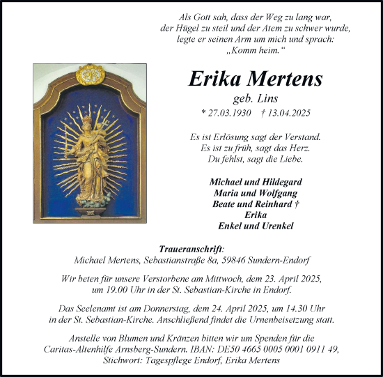 Traueranzeige von Erika Mertens von Tageszeitung