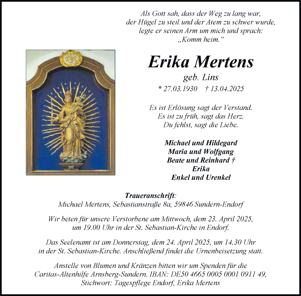  Traueranzeige für Erika Mertens vom 19.04.2025 aus Tageszeitung