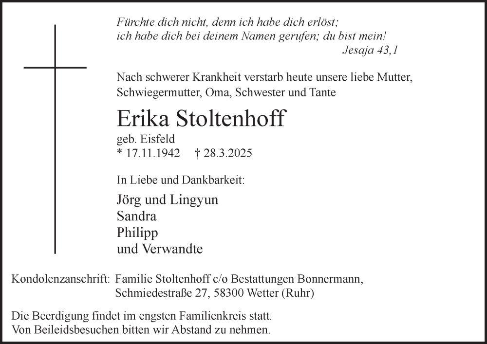  Traueranzeige für Erika Stoltenhoff vom 05.04.2025 aus Tageszeitung
