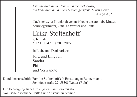 Traueranzeige von Erika Stoltenhoff von Tageszeitung