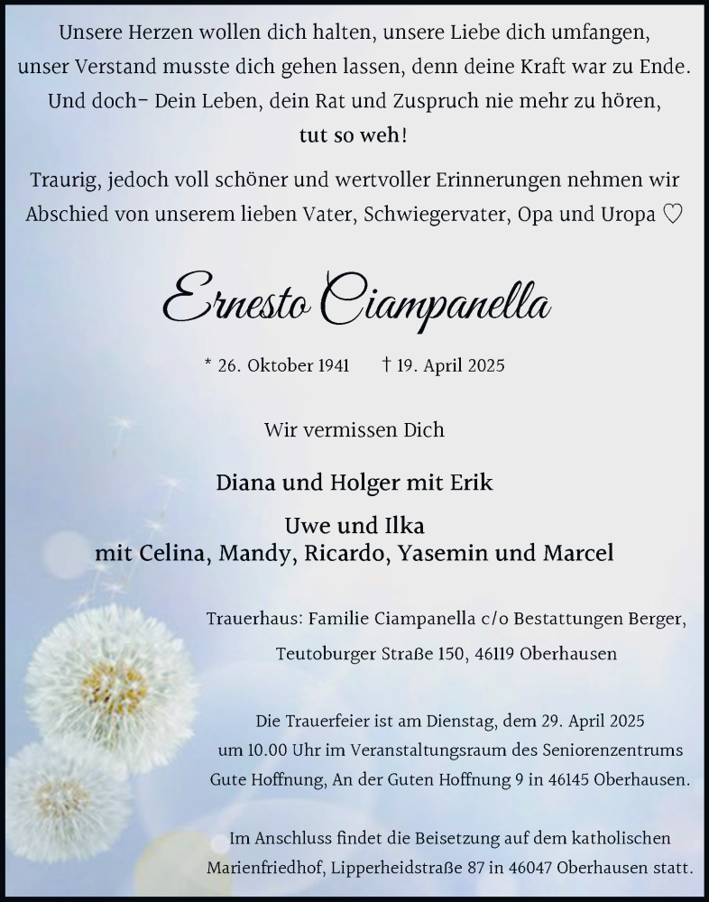  Traueranzeige für Ernesto Ciampanella vom 26.04.2025 aus Tageszeitung