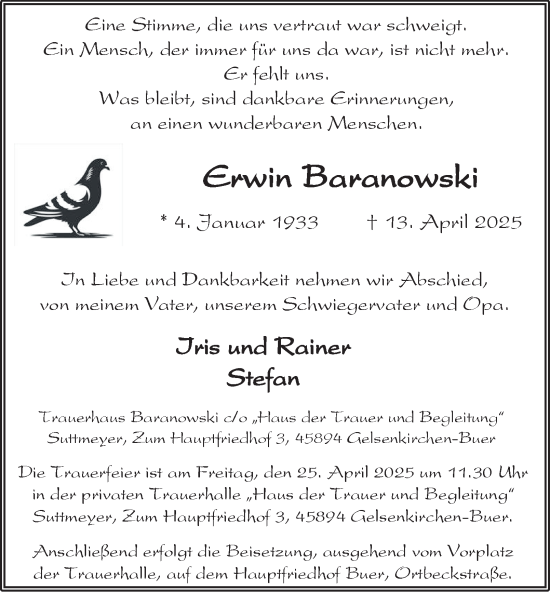 Traueranzeige von Erwin Baranowski von Tageszeitung
