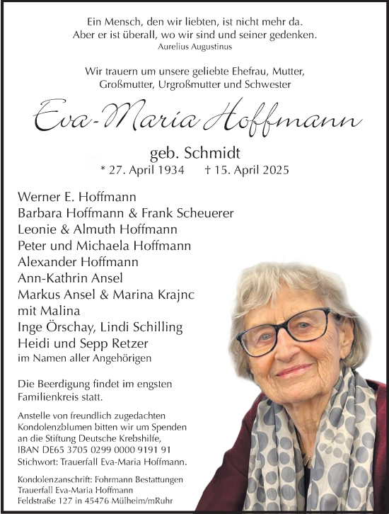 Traueranzeige von Eva-Maria Hoffmann von Tageszeitung