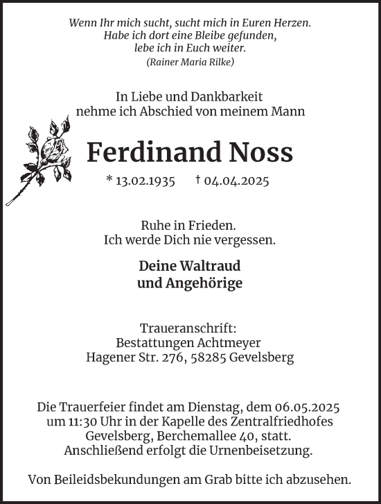 Traueranzeige von Ferdinand Noss von Tageszeitung