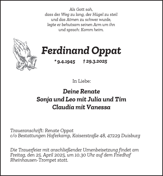 Traueranzeige von Ferdinand Oppat von Tageszeitung