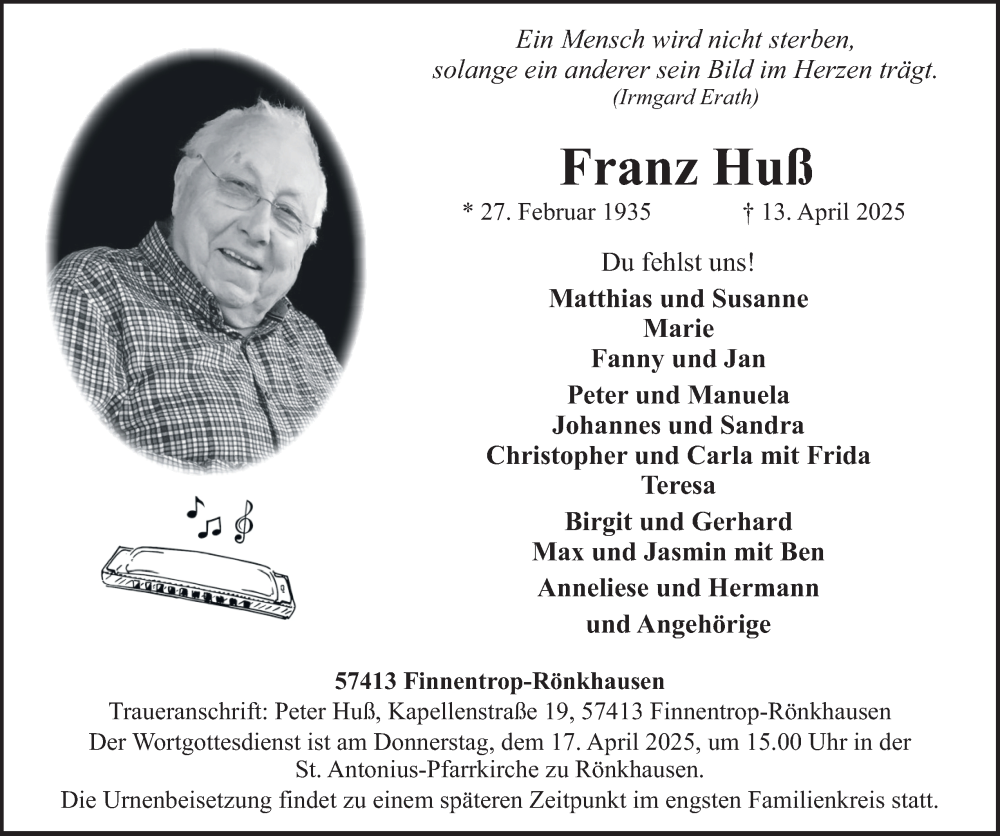  Traueranzeige für Franz Huß vom 16.04.2025 aus Tageszeitung