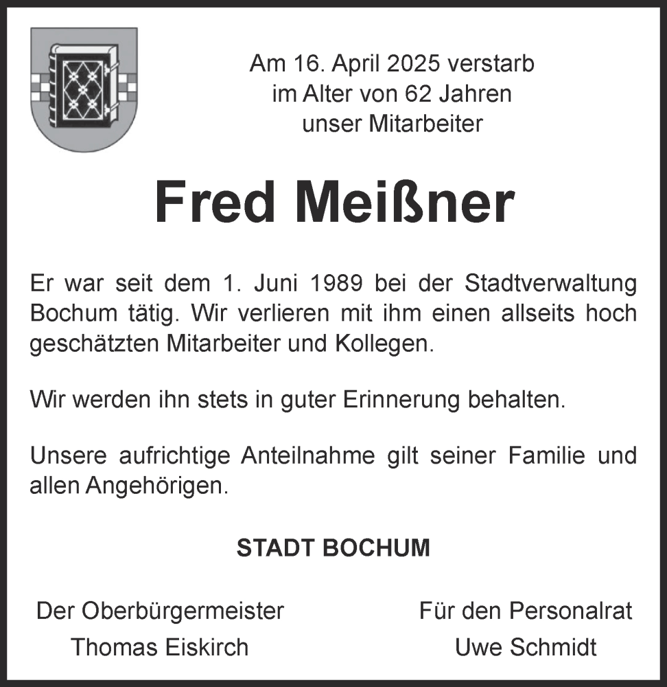  Traueranzeige für Fred Meißner vom 26.04.2025 aus Tageszeitung