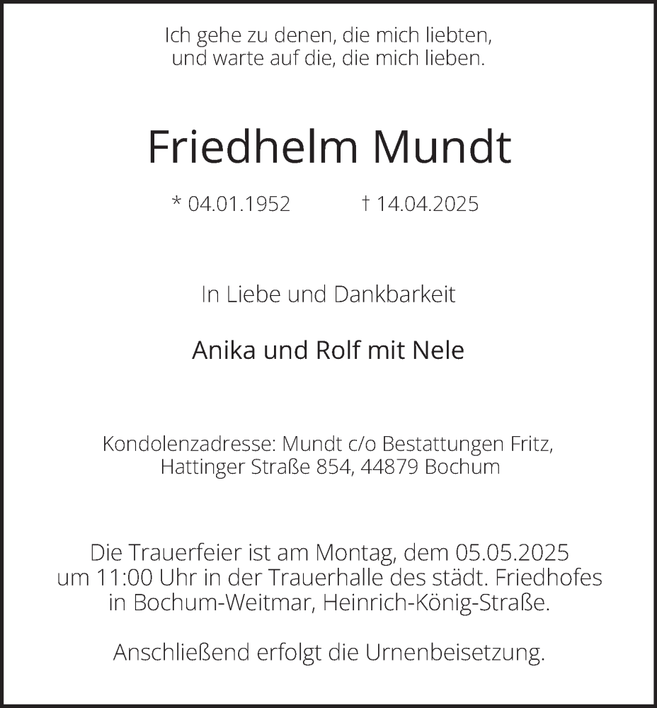  Traueranzeige für Friedhelm Mundt vom 26.04.2025 aus Tageszeitung