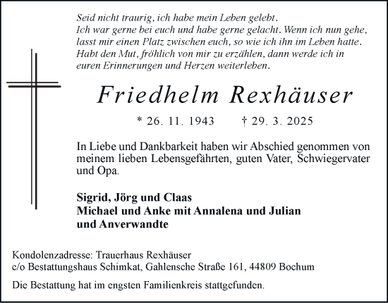Traueranzeige von Friedhelm Rexhäuser von Tageszeitung