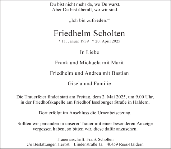 Traueranzeige von Friedhelm Scholten von Tageszeitung