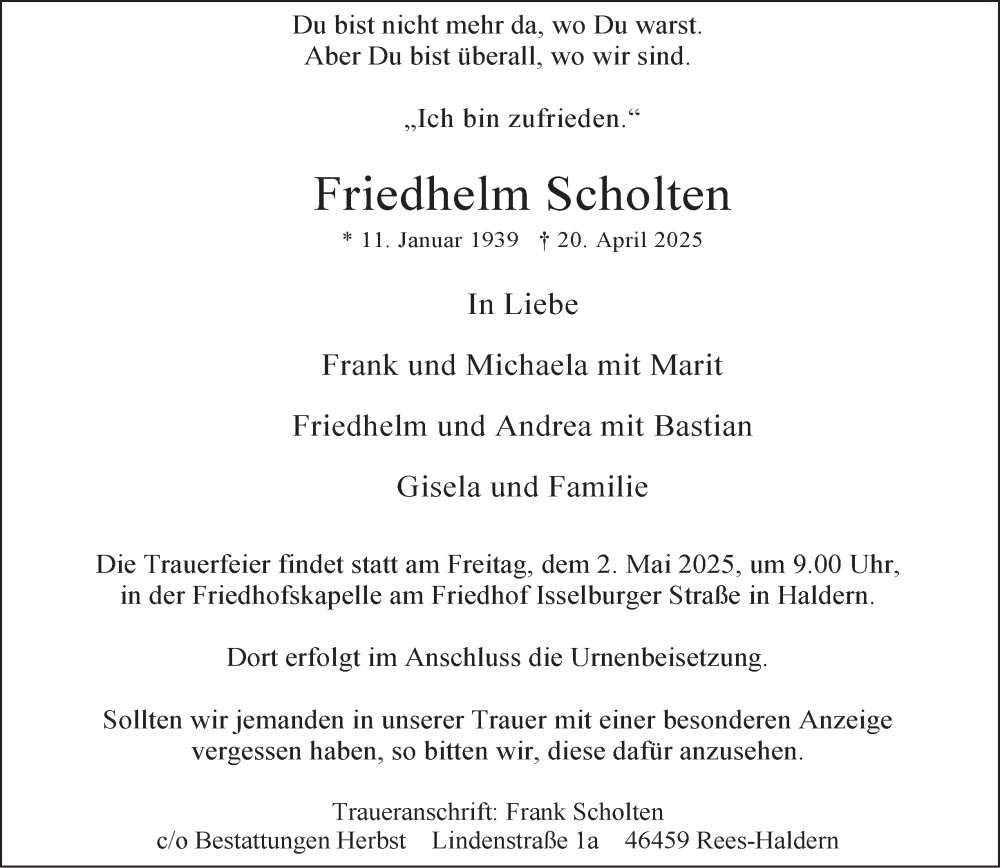  Traueranzeige für Friedhelm Scholten vom 26.04.2025 aus Tageszeitung