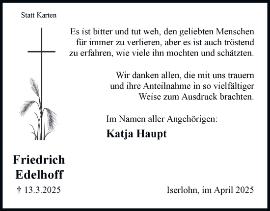 Traueranzeige von Friedrich Edelhoff von Tageszeitung