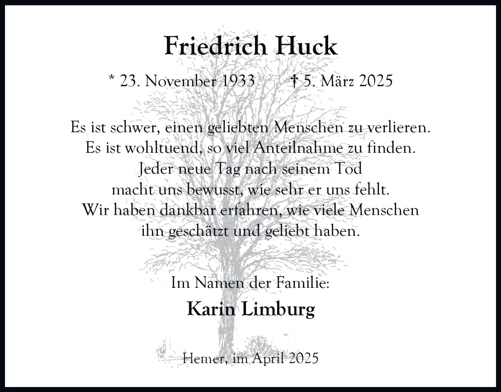  Traueranzeige für Fritz Huck vom 12.04.2025 aus Tageszeitung