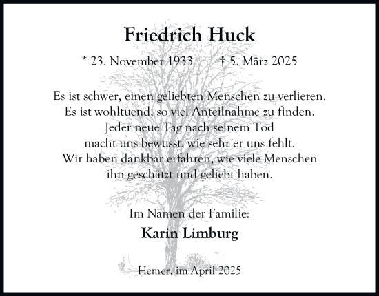 Traueranzeige von Fritz Huck von Tageszeitung