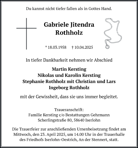 Traueranzeige von Gabriele Jitendra Rothholz von Tageszeitung