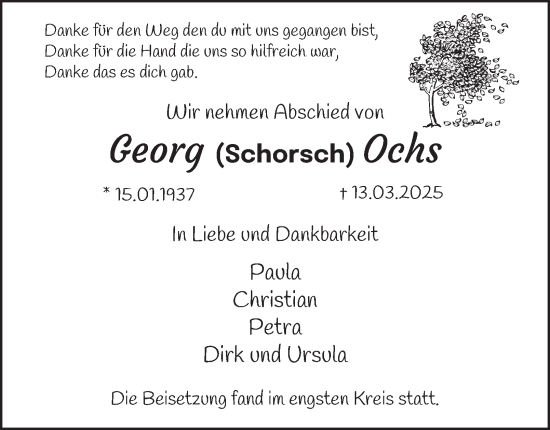 Traueranzeige von Georg Ochs von Tageszeitung