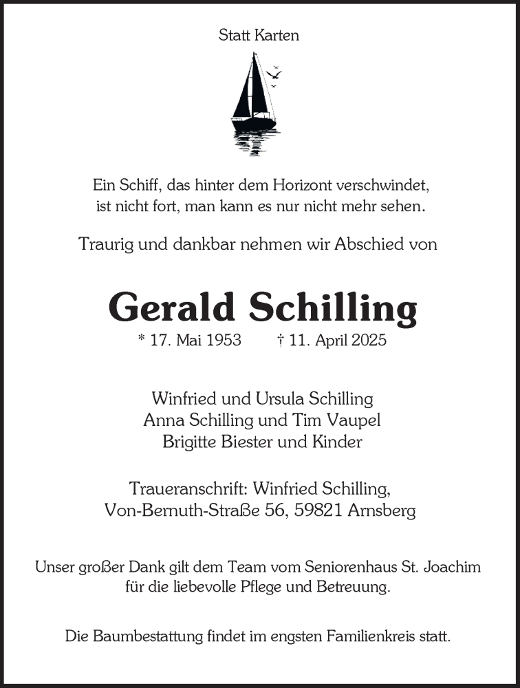  Traueranzeige für Gerald Schilling vom 19.04.2025 aus Tageszeitung