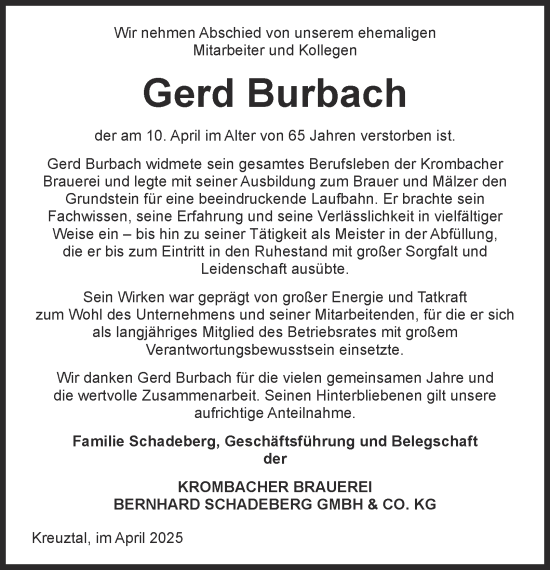 Traueranzeige von Gerd Burbach von Tageszeitung