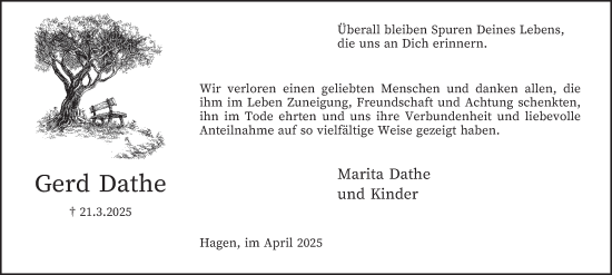 Traueranzeige von Gerd Dathe von Tageszeitung