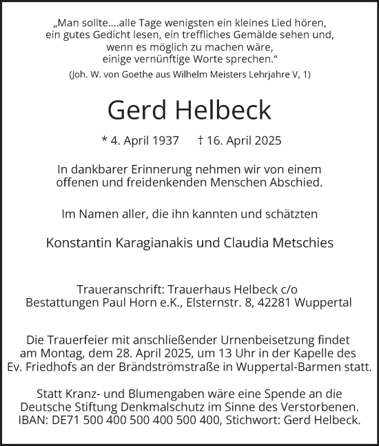 Traueranzeige von Gerd Helbeck von Tageszeitung