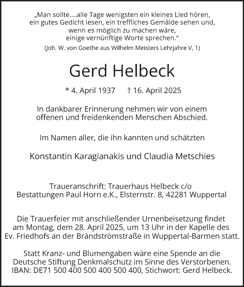  Traueranzeige für Gerd Helbeck vom 26.04.2025 aus Tageszeitung
