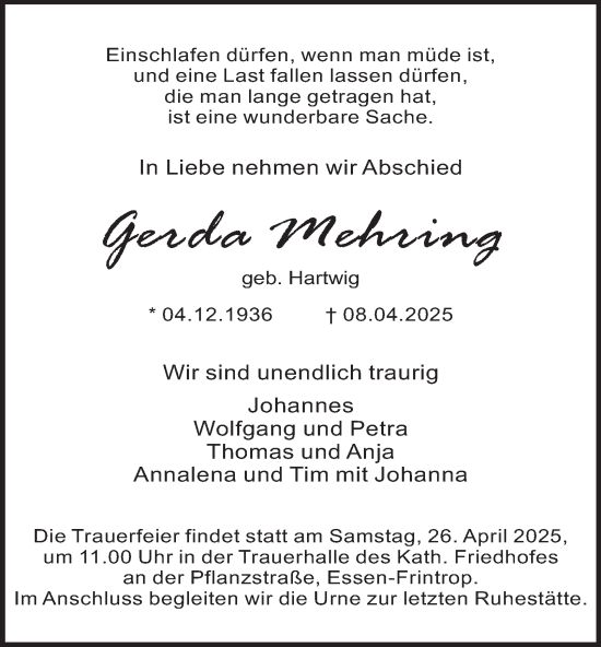 Traueranzeige von Gerda Mehring von Tageszeitung