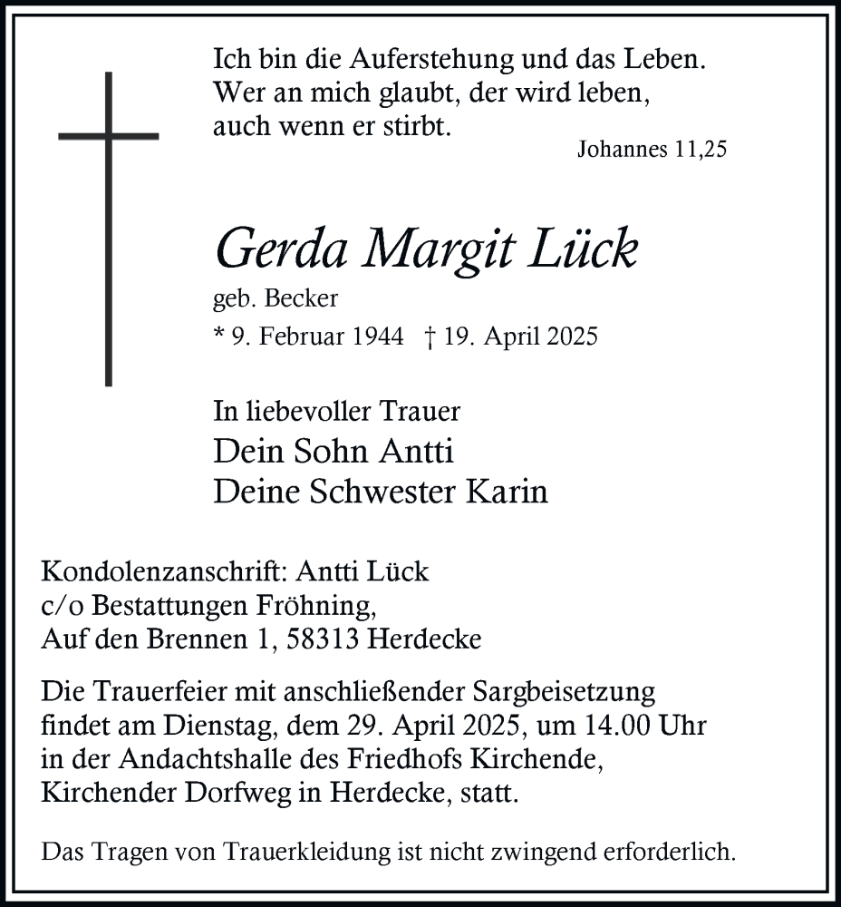  Traueranzeige für Gerda Margit Lück vom 26.04.2025 aus Tageszeitung