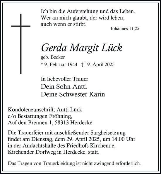 Traueranzeige von Gerda Margit Lück von Tageszeitung